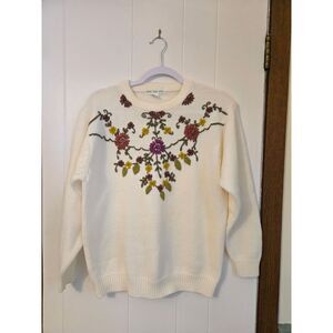 One Two One Cream-Colored Crewneck Lightweight Sweater Embroidered Yoke Sz M